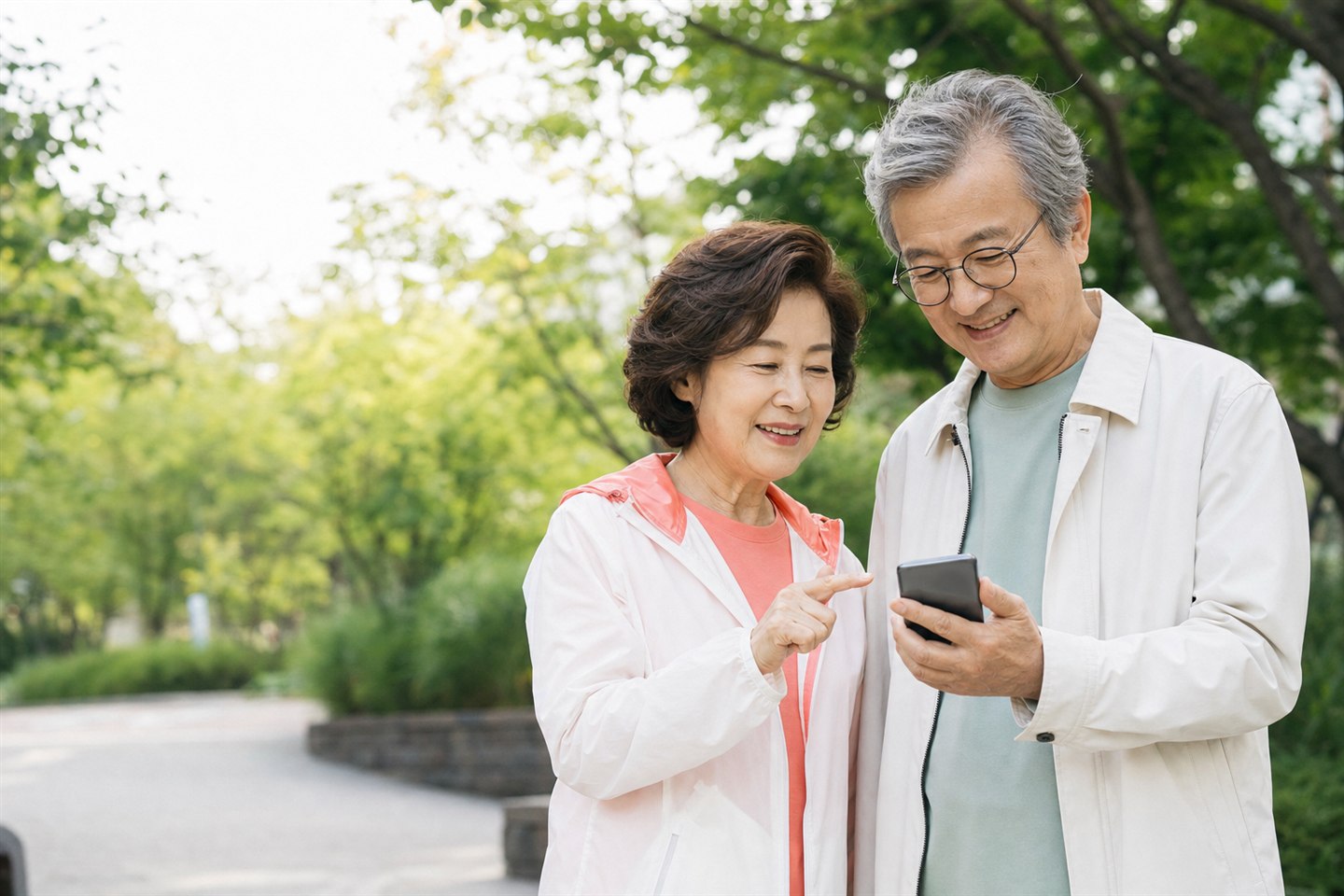휴대전화를 함께 보며 웃는 두 사람